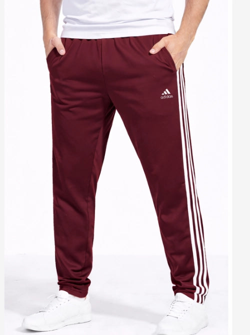 Adidas Solid & Casual Men TrackPants Wine With White Stripes