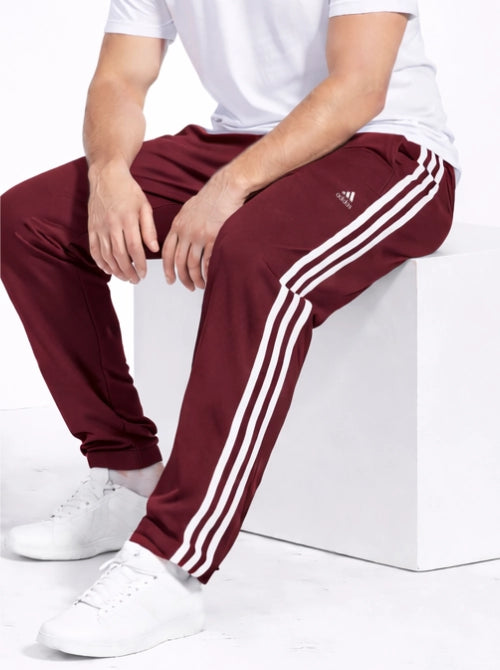 Adidas Solid & Casual Men TrackPants Wine With White Stripes