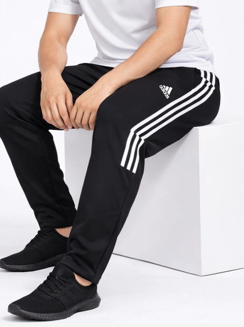 Adidas Solid &amp; Casual Men Black half three white stripes Track Pants Adidas Solid & Casual Men Black half three white stripes Track Pants
