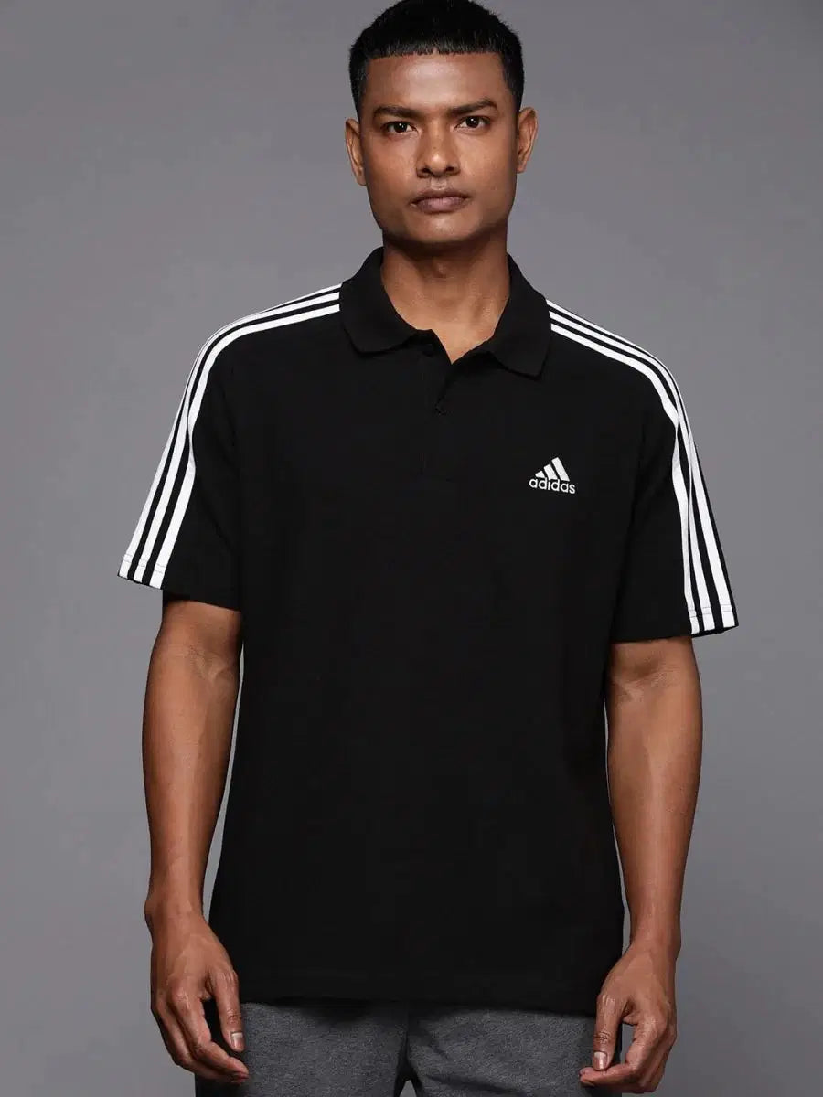 ADIDAS Men Solid Polo Neck Pure Cotton Black T-Shirt