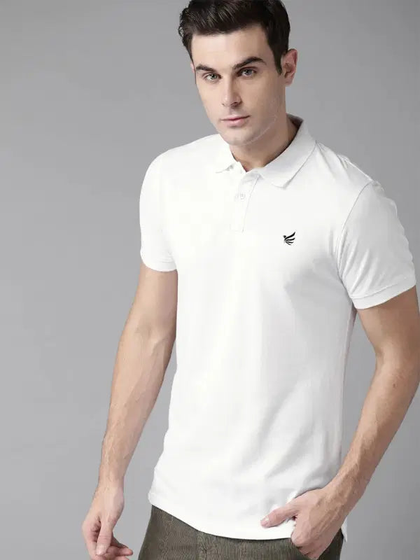 SANMIG Men White Solid Pure Cotton Polo Collar Lounge T-shirt
