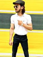 SANMIG Men White Solid Pure Cotton Polo Collar Lounge T-shirt