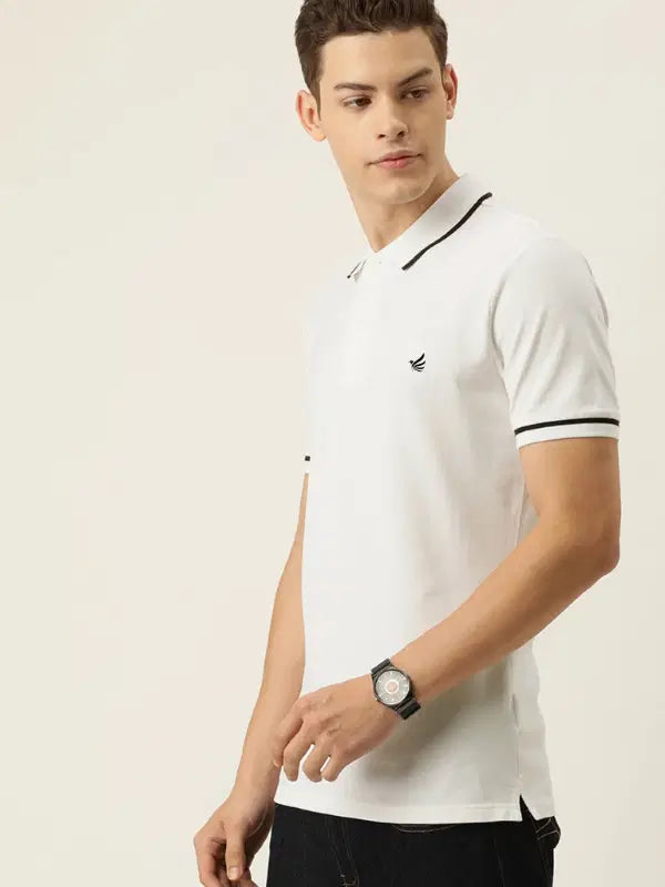 SANMIG Men White Solid Polo Collar T-shirt With Embroidery