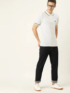 SANMIG Men White Solid Polo Collar T-shirt With Embroidery