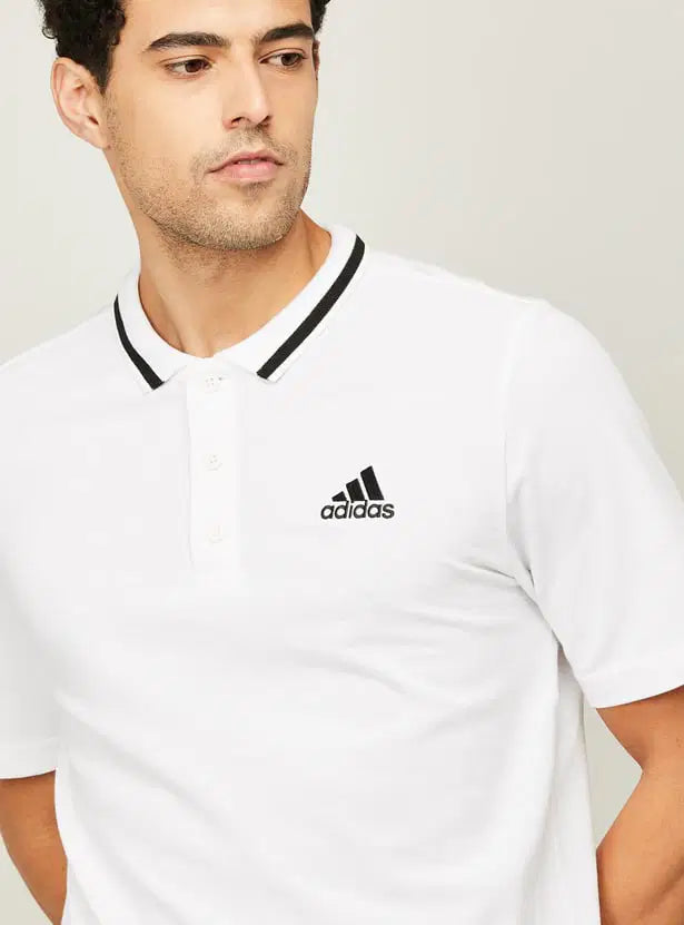 ADIDAS Men Solid Polo Neck Pure Cotton White T-Shirt