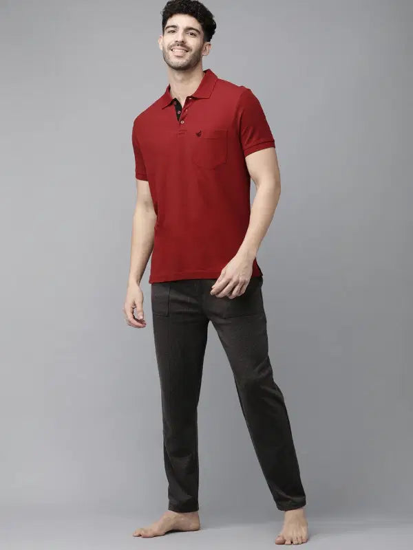 SANMIG Men Maroon Solid Pure Cotton Polo Collar Lounge T-shirt