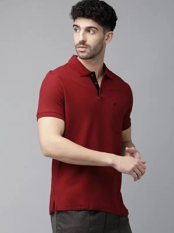 SANMIG Men Maroon Solid Pure Cotton Polo Collar Lounge T-shirt