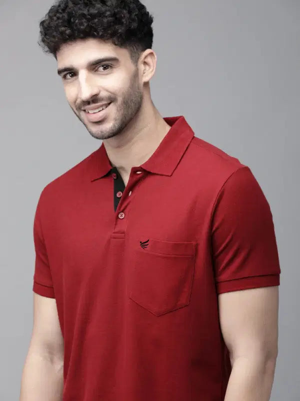 SANMIG Men Maroon Solid Pure Cotton Polo Collar Lounge T-shirt
