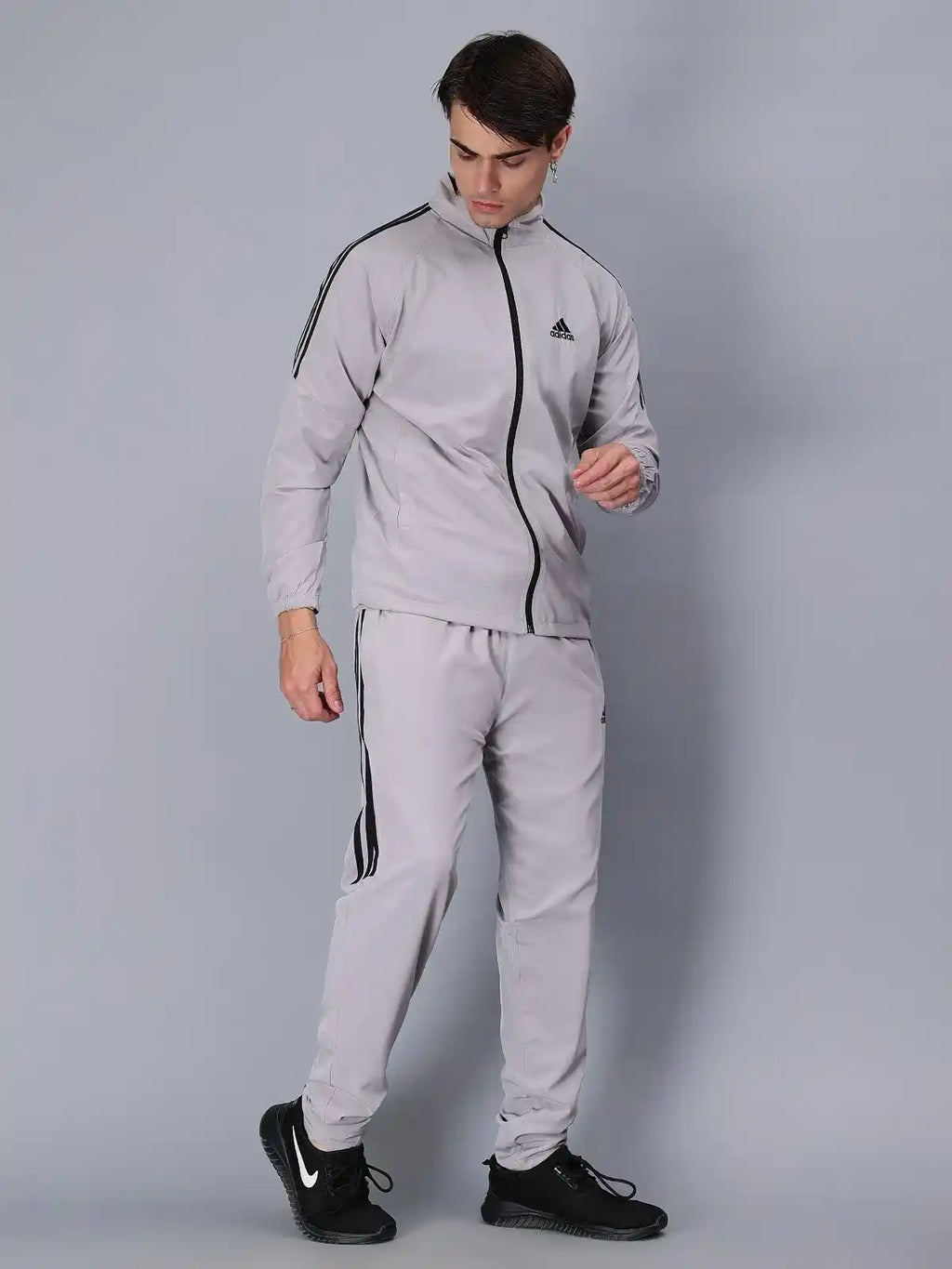 Original Adidas Striped Men Grey Track Suit (Jacket & Track Pant)