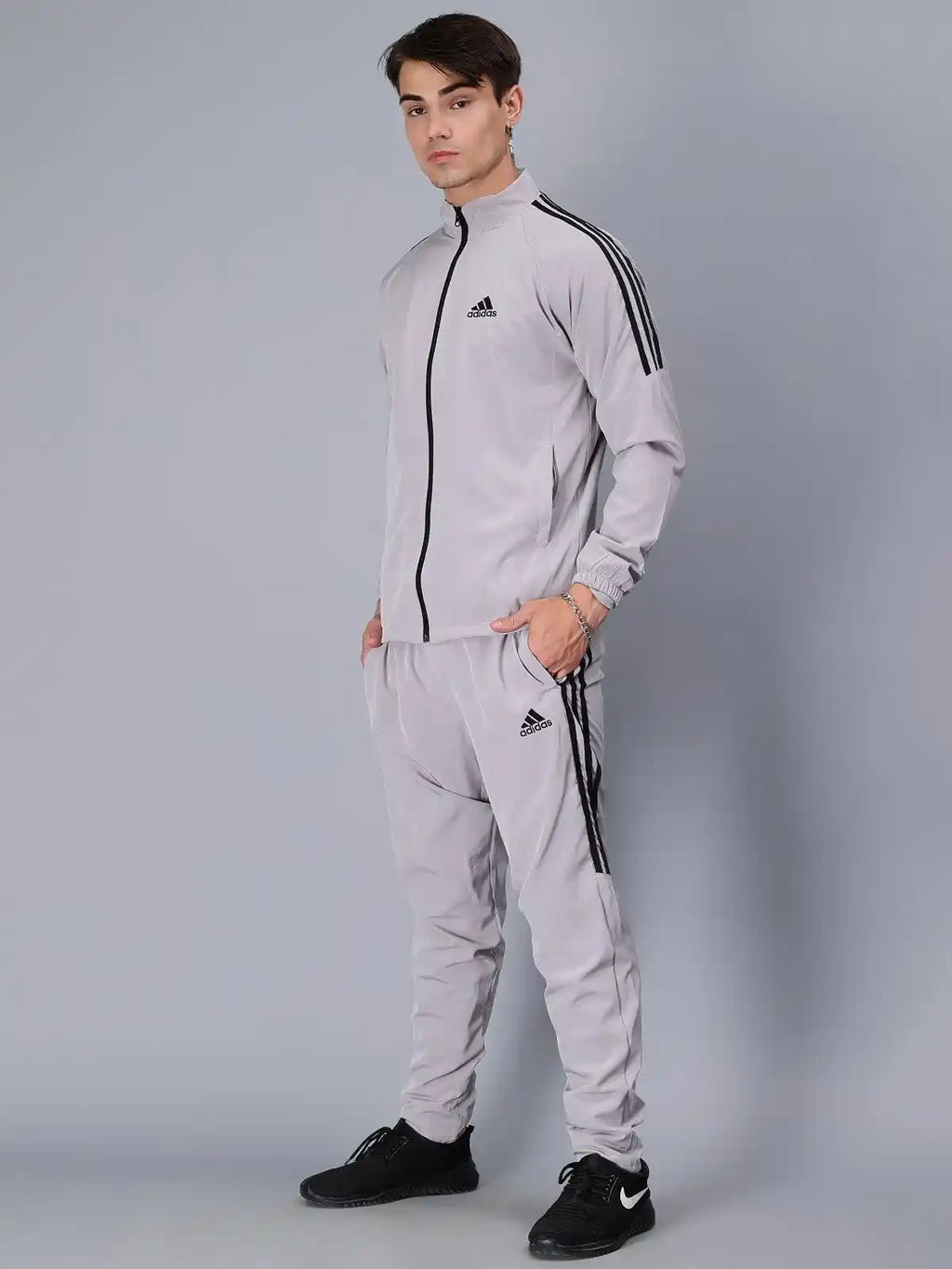 Original Adidas Striped Men Grey Track Suit (Jacket & Track Pant)